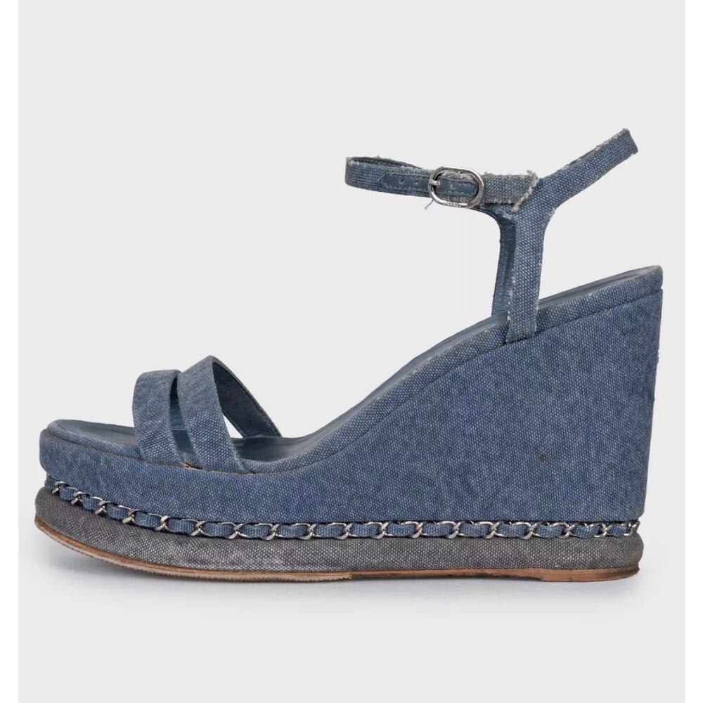 Chanel Blue Denim Wedge Sandals, Size 39.5